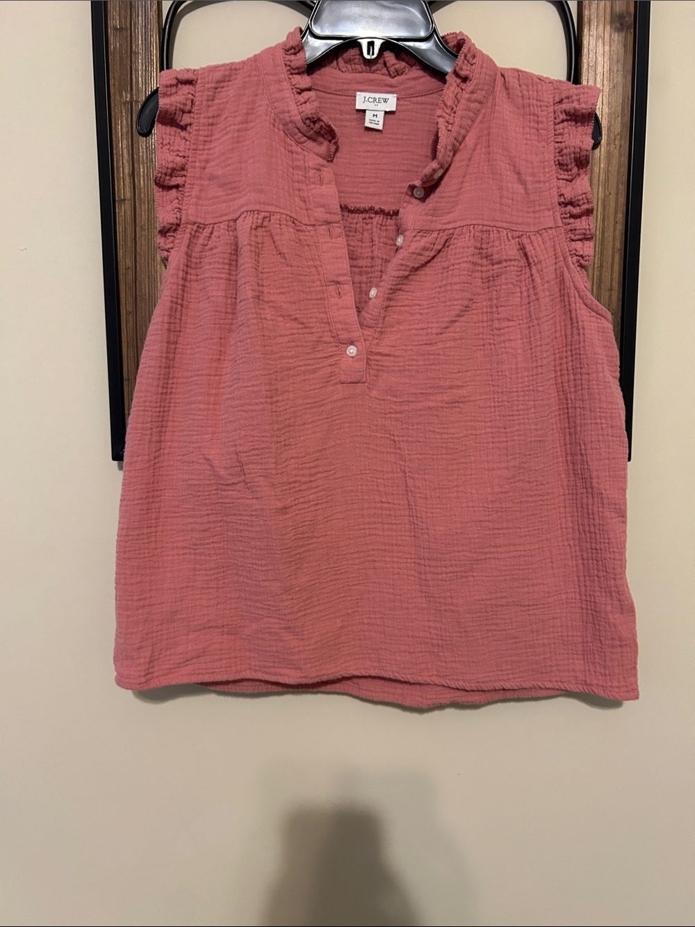 J. Crew Dusty Pink Ruffle-Sleeve Cotton Gauze Tank - Picture 3 of 4